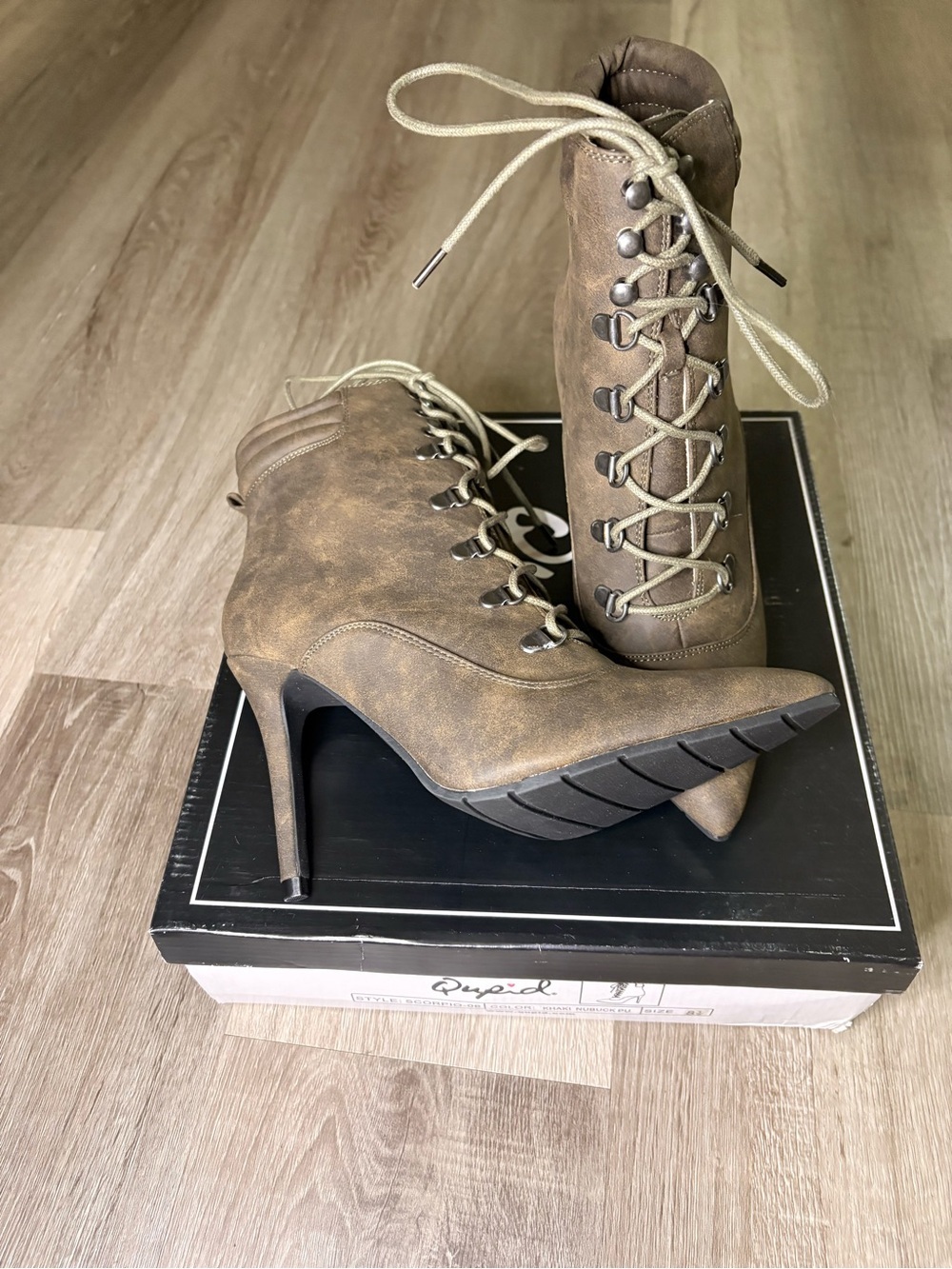 Qupid Brown Lace-Up Pointed Stiletto Ankle Boot - Picture 5 of 6